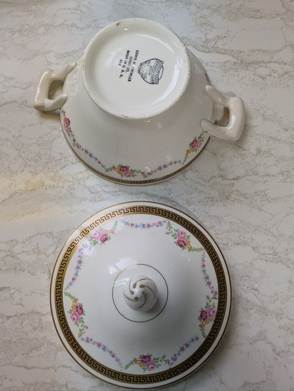 Edwin M. Knowles Floral Porcelain Covered Sugar Bowl with Gold Trim - Picture 5 of 13